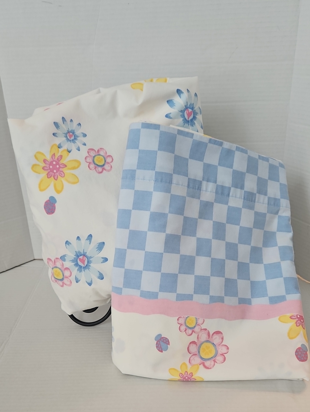 Home Trends Blue Pink Floral Checkered Hemline Full Flat Fitted Sheets